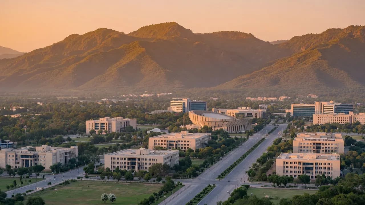 Planned city avenues and foothills in Islamabad, Pakistan. Atmospheric photograph, not a High Speed Marketing project.